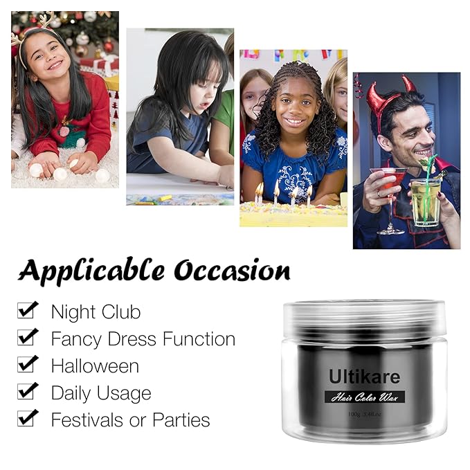 Temporary Hair Color for Kids black, Ultikare Hair Dye Natural Styling Wax Color Instant Mud Cream Gel 3.4 Fl Oz Girl Gifts, Party, Cosplay DIY, Children's Day