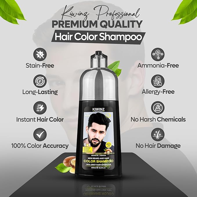 Black Hair Color Shampoo for Men – 5 in 1 Hair Dye Shampoo for Grey Hair - Instant Hair Dye with 100% Color Accuracy with Natural Ingredients - Ammonia Free - 500ml (Black)