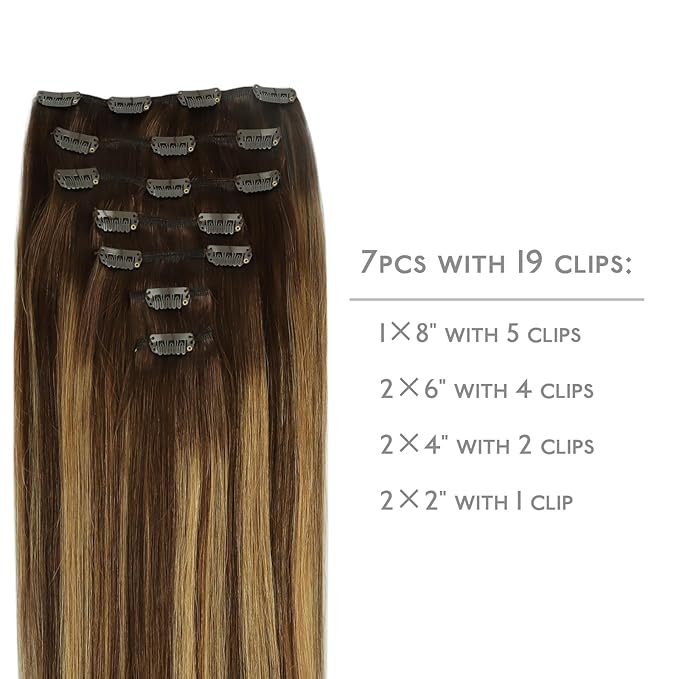 WENNALIFE Clip in Hair Extensions Real Human Hair, 24 Inch 120g 7pcs Balayage Chocolate Brown to Caramel Blonde Hair Extensions Clip in Human Hair Remy Clip in Hair Extensions Real Human Hair