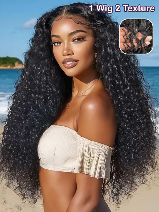 YIROO Bye Bye Knots Glueless Water Wave and Jerry Curly Drawstring Wig Human Hair, 7x5 Pre Cut Lace Front Glueless Wigs Pre Bleached Pre Plucked Wear and Go Wig for Women 150% Density 24Inch