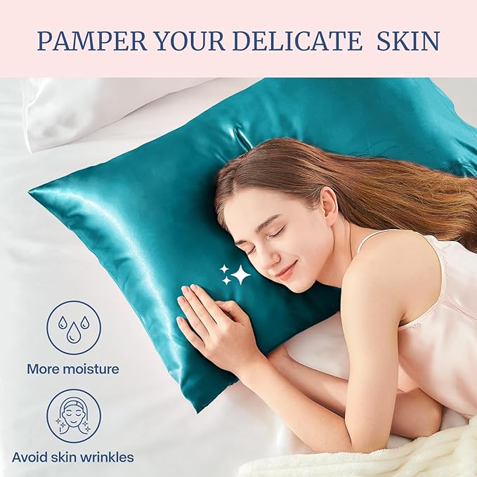BEDELITE Satin Pillowcase for Hair and Skin, Super Soft and Cooling Similar to Silk Pillow Cases 2 Pack with Envelope Closure, Gift for Women Men(20"x26" Standard Size, Teal)
