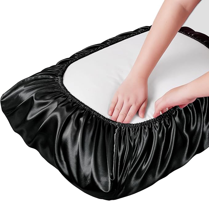 Manyshofu Satin Pillowcases for Hair Protection - 2Pcs Black Pillow Cases, Elastic Band Standard & Queen Satin Pillowcases Luxury Silky Pillow Cases Travel Pillow Covers