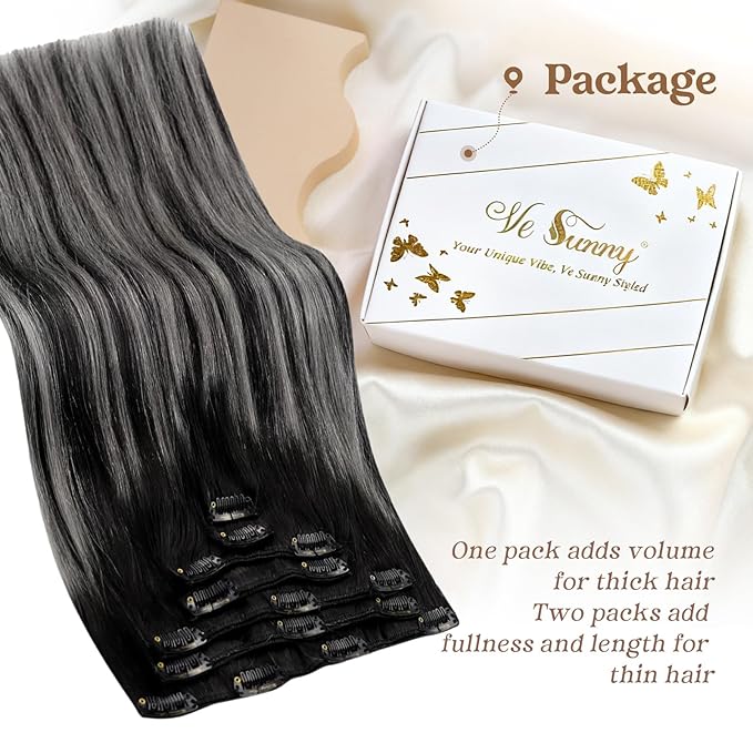 Ve Sunny Clip in Hair Extensions Real Human Hair Ombre Hair Clip in Extensions Ombre Black Roots to Grey Balayage Human Hair Extensions Clip ins Short Straight Remy Hair 80g 5pcs 12inch