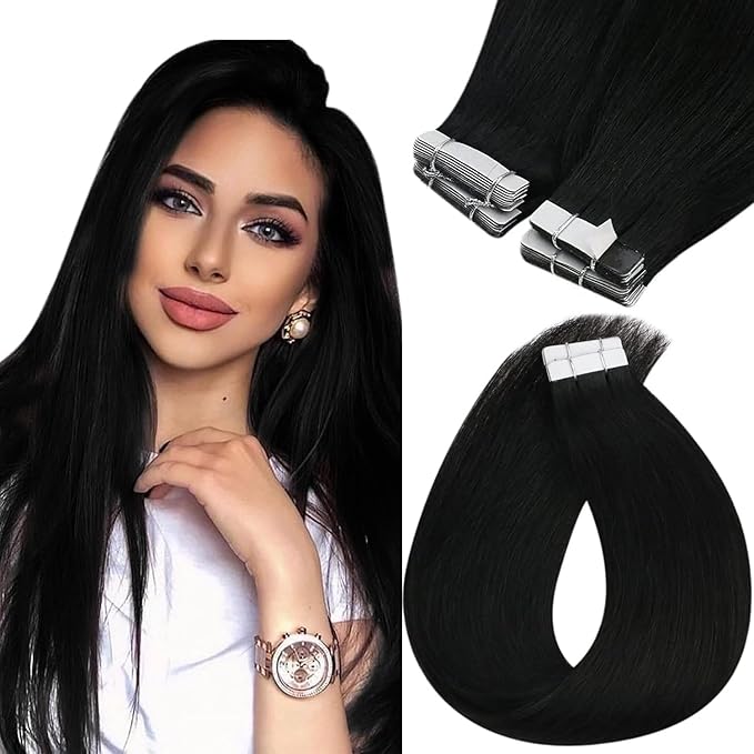 Sunny Hair Tape in Hair Extensions Human Hair 20inch Hair Extensions Real Human Hair Tape in Extensions for Women Jet Black Invisible Remy Hair Natural Straight Skin Weft Double Sided Tape 40pcs 100g