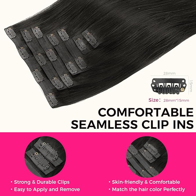 Lashey Seamless Clip in Hair Extensions Real Human Hair, 7pcs 110g 14 Inch Natural Black Straight Clip ins Human Hair Extension for Black Women