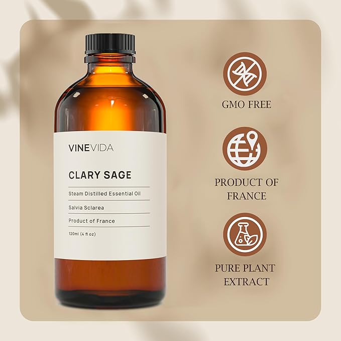 VINEVIDA Clary Sage Essential Oil 4 oz - Undiluted Candle Scent DIY Scents for Candlemaking Bulk Soap Making Safe Skin, Pack of 1,4 Fl Oz,120 milliliters,7.18 Ounces