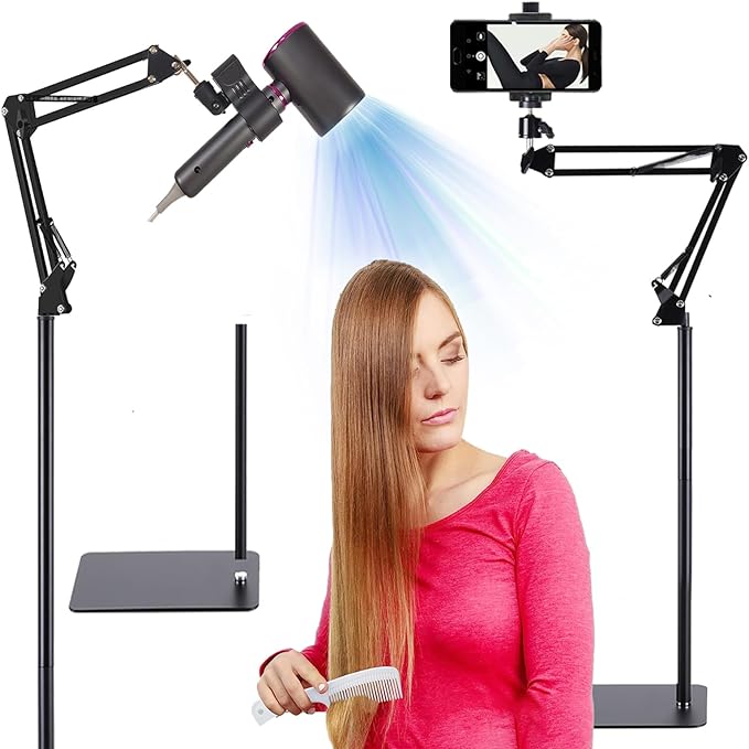 Hair Dryer Stand Holder 360 Rotate Hair Dryer Holder Stand Floor，Adjustable Hands Free Blow Dryer Floor Stand , Blow Dryer Stand Hands Free Clip Suitable for 99% Hair (Black)