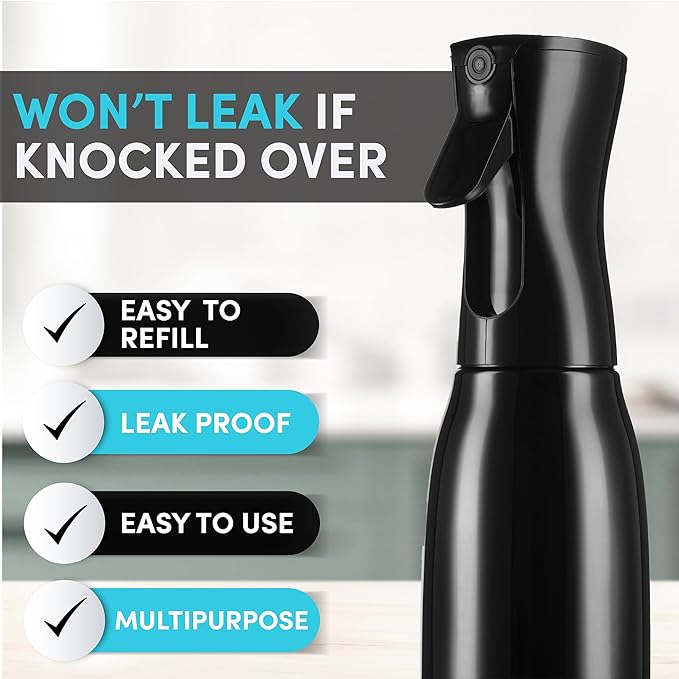 Hula Home Spray Bottle for Hair (20oz/590ml) - Powered by Flairosol® Spray Technology - Continuous Ultra Fine Mist Sprayer – For Hairstyling, Cleaning, Salons, Plants, Essential Oil & More - Black
