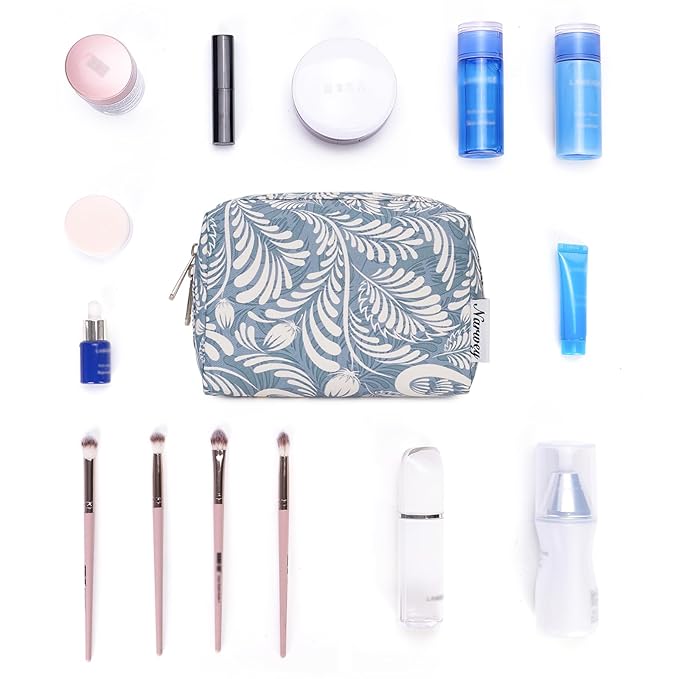 Narwey Small Makeup Bag for Purse Mini Cosmetic Bag Travel Makeup Pouch Zipper Pouch Cute Make up Bags with Compartments for Women Girls (Small, Blue Leaf)