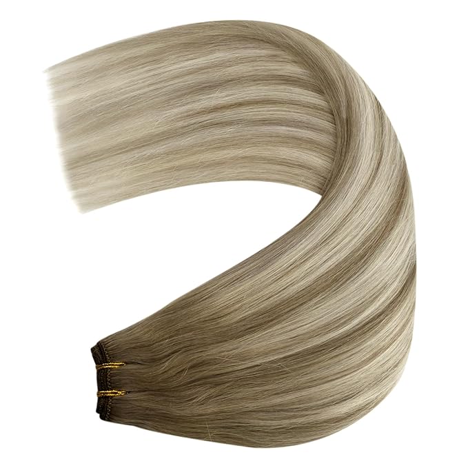 YoungSee Hair Extensions Weft Light Brown Sew in Extensions Hand Tied Weft Hair Extensions Human Hair Light Brown Mix Platinum Blonde Thick Remy Hair for Full Head 18Inch 100g