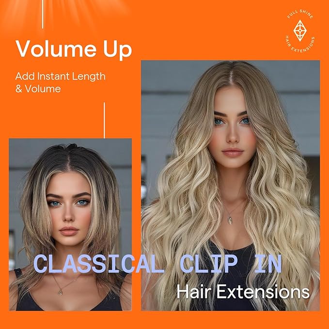 Full Shine Real Remy Hair Extensions Clip in Human Hair 22 Inch Ash Brown Mix Platinum Blonde Invisible Hairpiece for Women Balayage Clip in Extensions Straight 7 Pcs 120 G