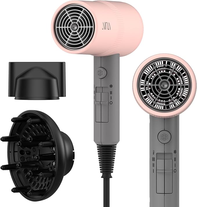 AINA Hair Dryer with Diffuser, Blow Dryer for Women | Advanced Ionic Technology, Ceramic Coating | Cold Shot Features Turbo Heat for Fast Drying and Shine 110V/ALCI (Misty Blush)