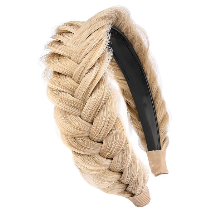 DIGUAN Wide Messy Braided Headband With Teeth Synthetic Hair Plaited Headband High Elasticity Braids Chunky Fishtail Braided Hair Band Hairpiece for Girls Women Beauty Accessory (Honey Blonde)