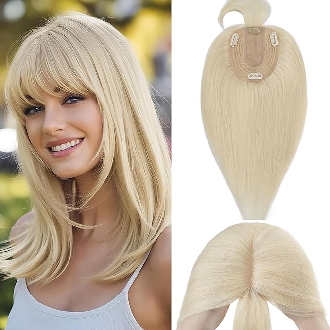 Rich Choices Real Human Hair Toppers for Women With Bang 100% Remy Human Hair Topper for Thinning Hair Clip in Silk Base Hair Topper 14 Inch #60 Platinum Blonde
