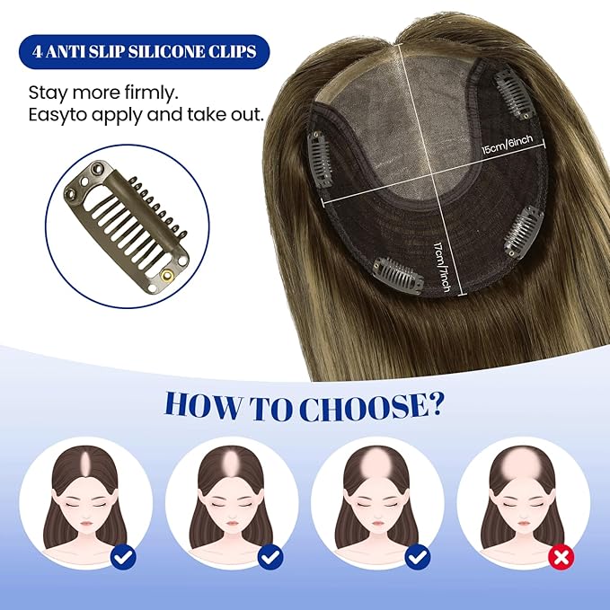 WORLDSTAR Hair Toppers for Women Real Human Hair No Bangs 6 * 7 Inch Base 12 Inch 55g #4/27/4 Balayage Chocolate Brown Ombre Caramel Brown Toppers Hair Pieces 150% Density (tp#4/27/4-12)