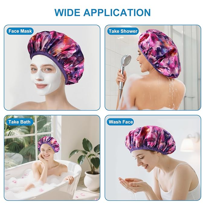 Upgraded Waterproof Terry Shower Caps, Reusable Shower Cap for Women with Long Hair, Soft Absorbent Hair-Protecting Towel Lining Bath Cap, Large Leak-Proof Hair Cap with Fashionable Print Outer-Purple