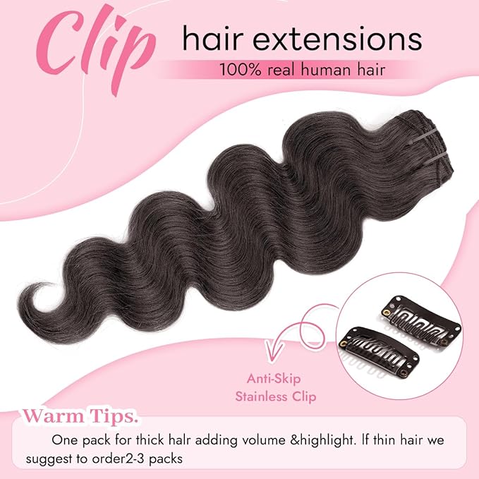 Clip in Hair Extensions Real Human Hair Body Wave 2 Dark Brown Clip in 100% Brazilian Remy Human Hair Extensions 8pcs Per Set with 18 Clips Double Weft 22 Inch 110g/3.6oz