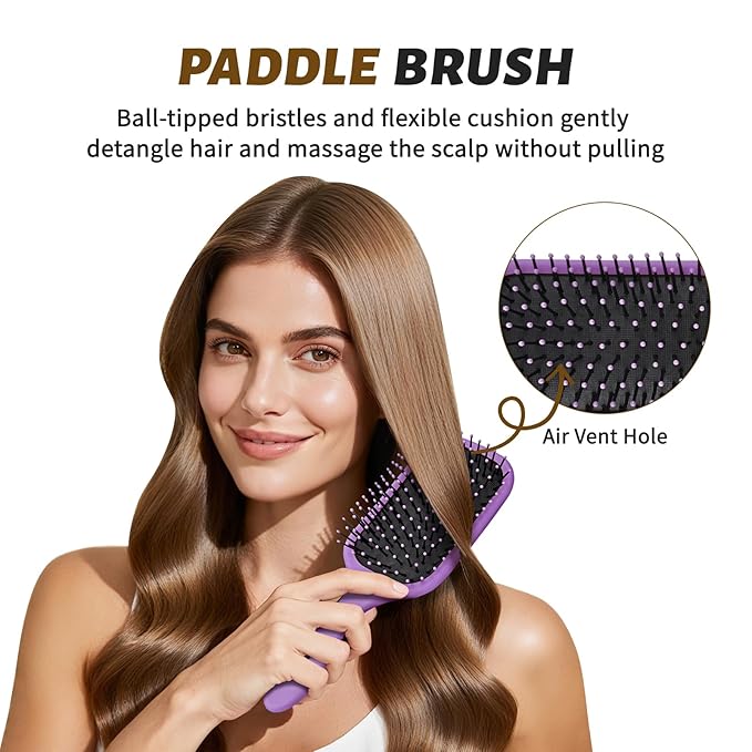 4Pcs Detangling Hair Brush Set for Women - Paddle Brush for Wet or Dry, No More Tangles for Straight, Long, Thick, Curly, and Natural Hair (Purple)