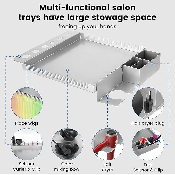 Salon Rolling Tray on Wheels, Hairstylist Tray with Storage Platform and Hair Separator Stand for Salon Station, Salon Tray Cart, Metal Service Instrument Storage Tray Accessory for Salon&Spa Use