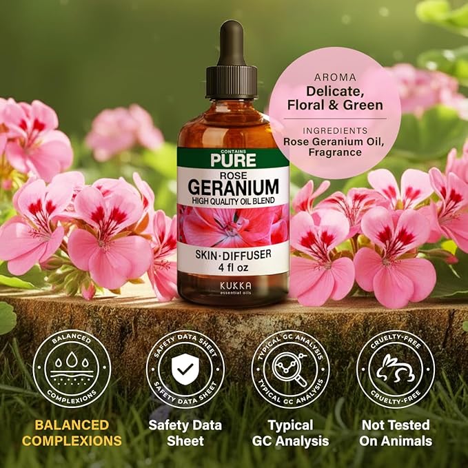 KUKKA Rose Geranium Essential Oils - 4 Fl Oz - for Hair, Skin, Diffuser, Aromatherapy & DIY Soap Making Scent