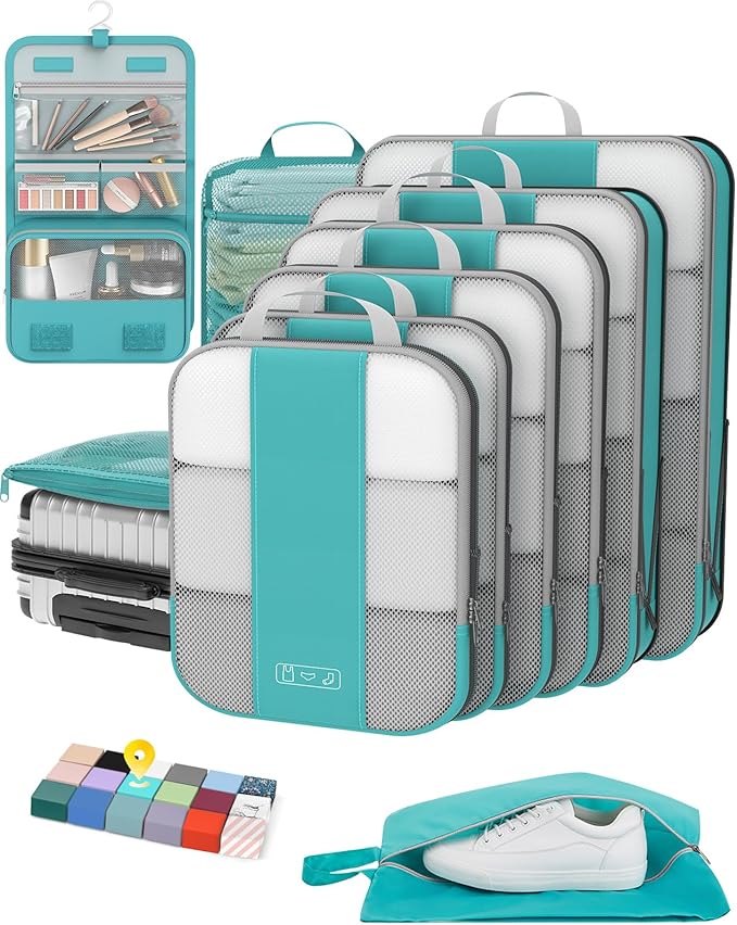 10 Set Compression Packing Cubes for Travel Essentials,Compressible Expandable Packing Cubes for Suitcase,OlarHike Luggage Organizer Bags for Travel,Handy Helper for Organizing Clothes(Blue Green)