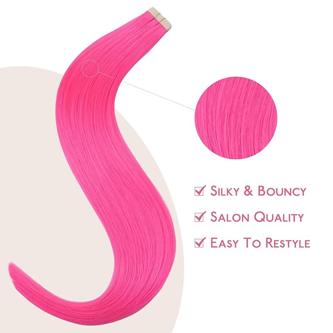 WENNALIFE Tape in Hair Extensions Human Hair Hot Pink Tape in Extensions, 10pcs 20g 10 inch Remy Invisible Tape Ins Straight Colored Soft Real Human Hair Tape in Extensions Refill Set Extensions