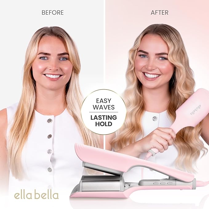 ELLA BELLA® Ultimate Waver Curling Iron • Crimper Hair Tool • Adjustable Heat Settings Dual Voltage • Anti-Scald Tech • Ionic Ceramic Coating for Long-Lasting, Frizz-Free Beach Waves (Pink & Grey)