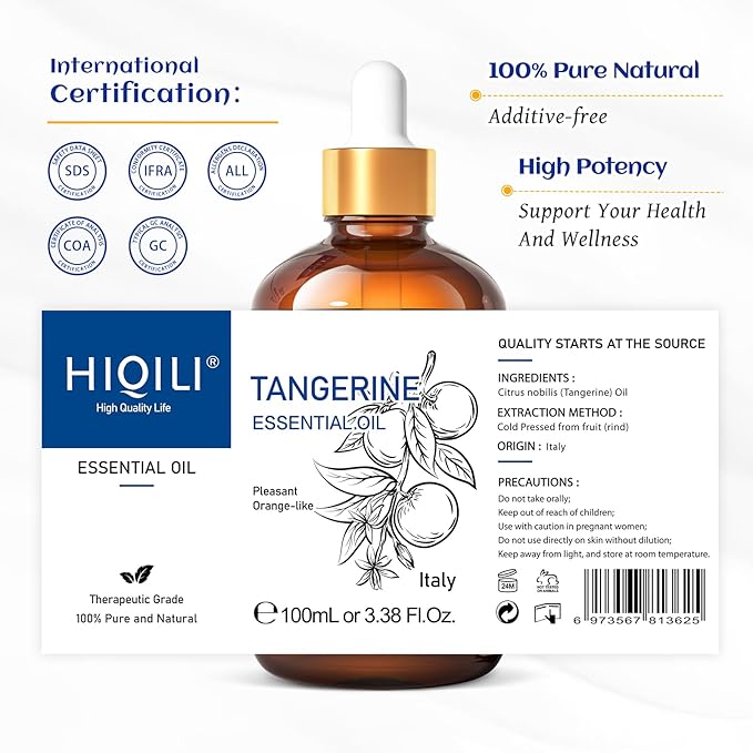 HIQILI 100ML Tangerine Essential Oil, Skin Care, Hair Care, Air Purification, Can be Added to Body Lotion, Shampoos, Diffusers Use - 3.38 Fl Oz