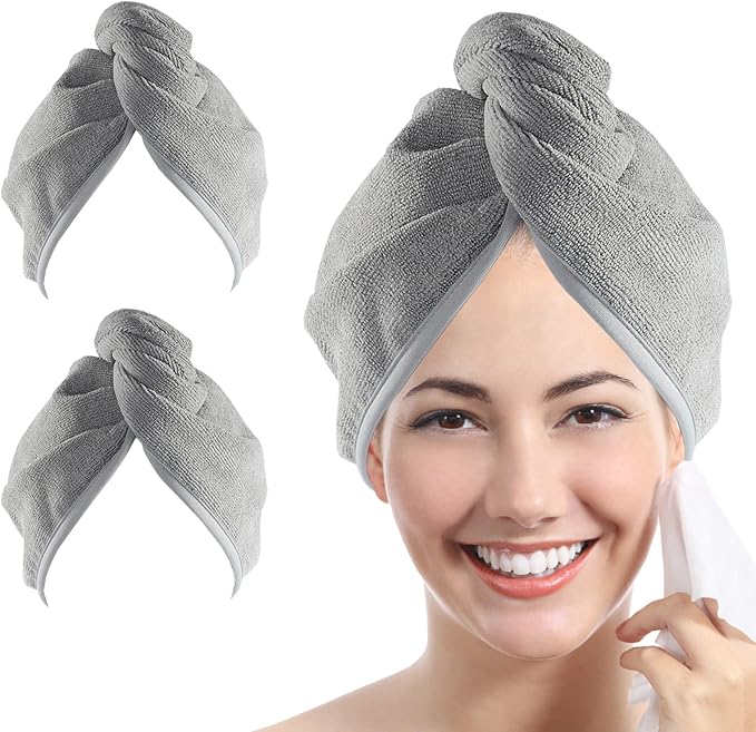 YoulerTex Microfiber Hair Towel Hair Wrap: 2 Pack 10X26 Hair Dryer Towels for Women Absorbent Turban Twist Hair Drying Shower Cap Curly Hair Products for Hair Care Hair Accessories (02 2-Pcs Gray)