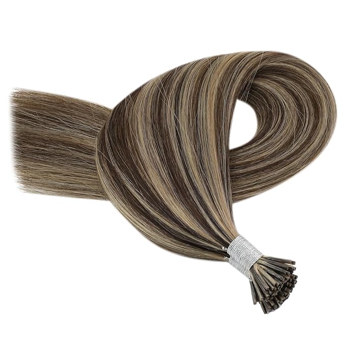YoungSee I Tip Hair Extensions Human Hair Brown Highlight Itips Hair Extensions Human Hair Dark Brown with Blonde Highlight Tip Hair Extension Soft 20 Inch 50s 50g