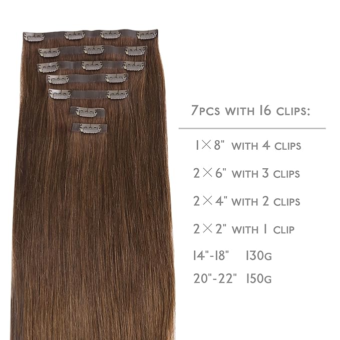 WENNALIFE Seamless Clip In Hair Extensions, 14 Inch 130g 7pcs Chocolate Brown Hair Extensions Clip in Human Hair Invisible PU Skin Weft Natural Remy Human Hair Extensions