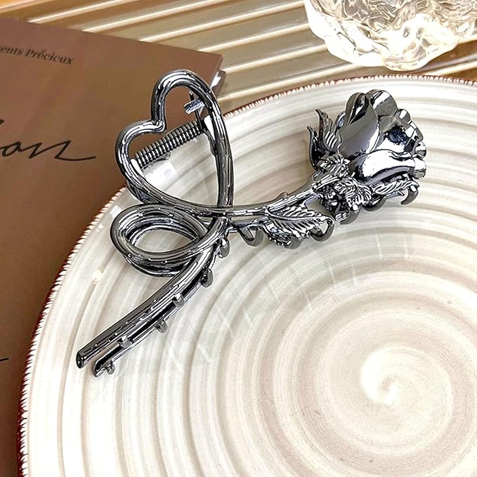 Rose Metal Hair Claw Clips, 1Pc Flower Non-Slip Hair Claw for Thin/Thick Hair - Fashionable Hair Styling Accessory for Women and Girls (Black Rose)