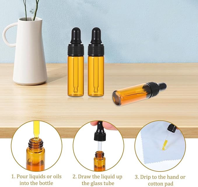 5ml Glass Dropper Bottles, 100 Pcs Amber Bottles with Black Caps, Leakproof Essential Oil Containers for DIY Perfume, Travel Liquids, Aromatherapy, Lab Sample & Hair Oil Storage
