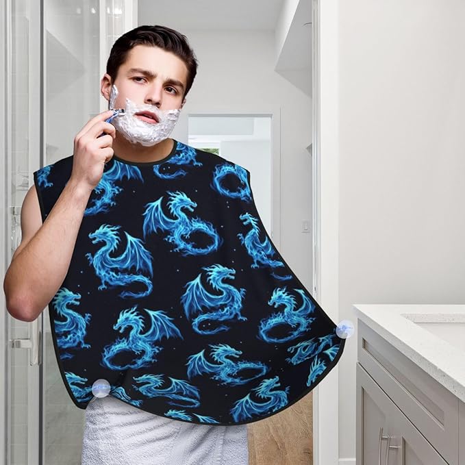 Adjustable Beard Bib, Non-Stick Hair Catcher Cape for Men's Shaving, Waterproof with 2 Suction Cups, Blue Fire Flame Dragon Shave Bib