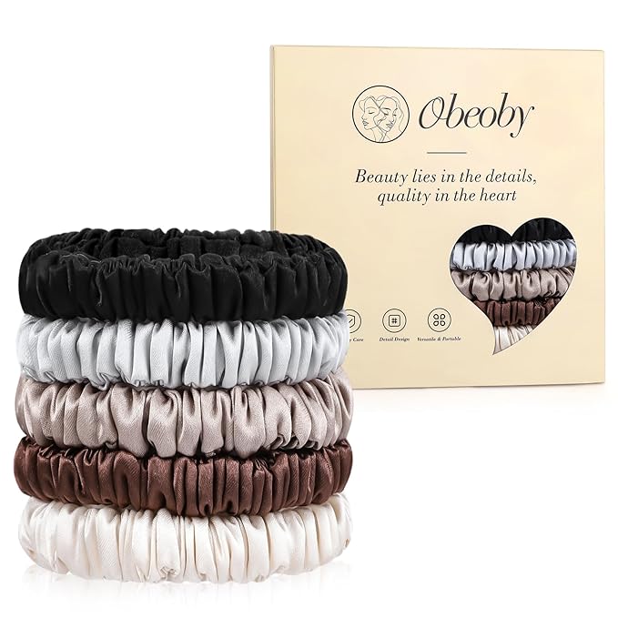 5 Pcs 19 Momme Pure Mulberry Silk Skinny Scrunchies and Ponytail Holders for Women's Hair Sleep