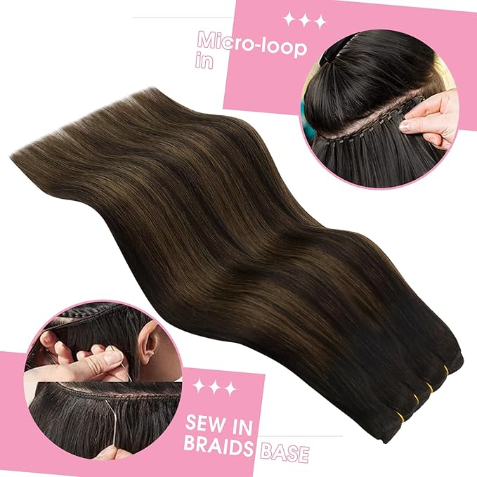 YoungSee 125g Weft Hair Extensions Brown Balayage Sew in Hair Extensions Balayage Medium Brown Mix Dark Sew in Hair Extension Real Human Hair for Women 22 Inch