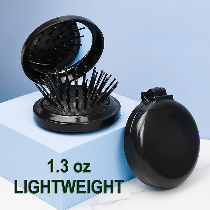 20 Pack Folding Travel Mirror Hair Brushes Round Folding Pocket Hair Brush Mini Hair Comb Compact Travel Size Hair Massage Combor Women and Girls (Black)