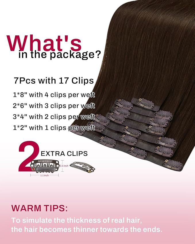Moresoo Medium Brown Seamless Pu Clip in Hair Extensions Human Hair Brown Straight for Remy Human Hair Clip in Extensions Pure Weft Invisible for Women Daily 120grams 7pcs 18in