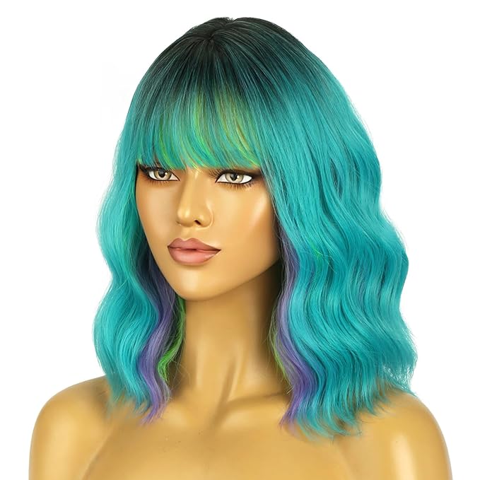 BERON 14 Inches Turquoise Wig Short Curly Wig Ombre Green Curly Wigs Short Teal Green Wigs with Bangs for Women Daily Party Cosplay Hairnet Include