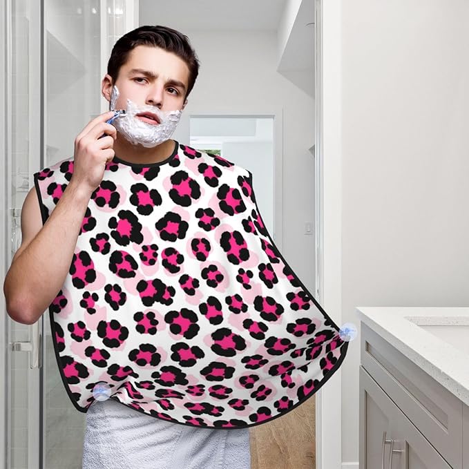 Non-Stick Beard Shaving Bib, Hair Catcher Apron with Suction Cups, Waterproof Grooming Tool for Men Husband, Pink Cheetah Animal Skin Leopard Print Shave Bib