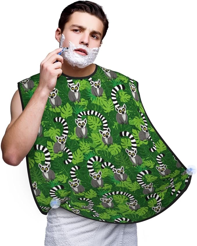 Ultimate Shaving Bib, Beard Trimming Apron with Hair Catcher, Lemurs Monkey Tropical Green Leaves Floral