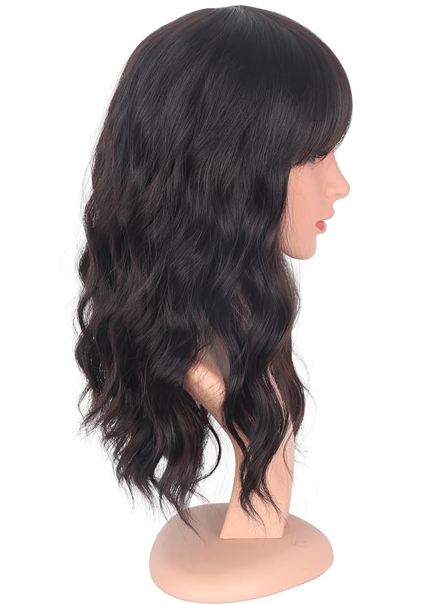 Medium Length Dark Brown Wavy Wigs With Bangs For Women - Heat Resistant Synthetic Brown Wigs For Daily Use (DARK BROWN(2#))