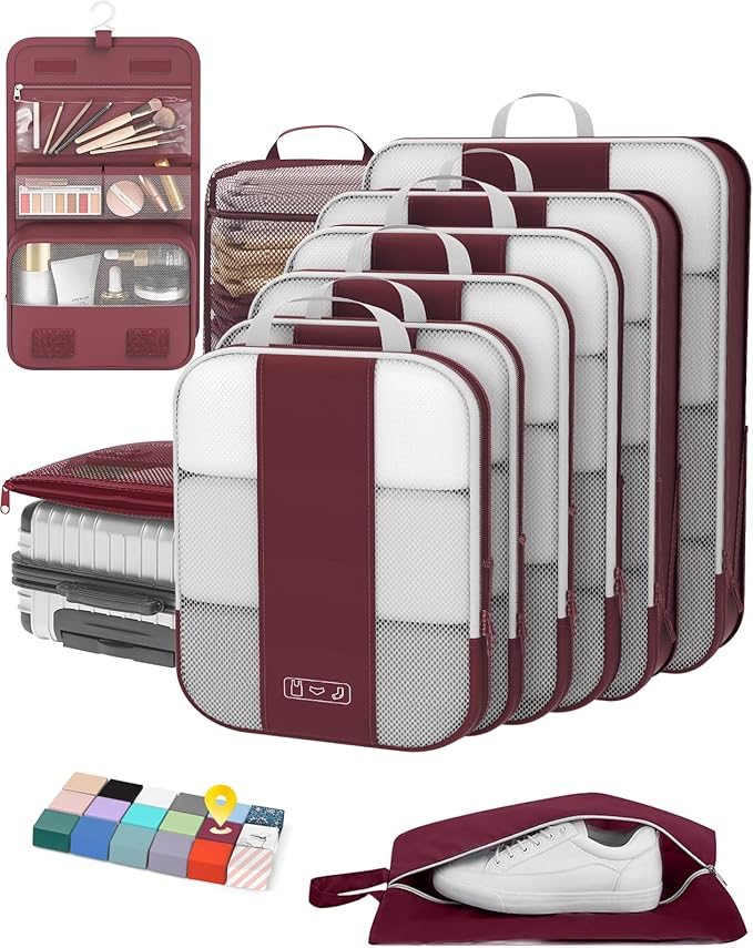10 Set Compression Packing Cubes for Travel Essentials,Compressible Expandable Packing Cubes for Suitcase,OlarHike Luggage Organizer Bags for Travel,Handy Helper for Organizing Clothes(Wine Red)