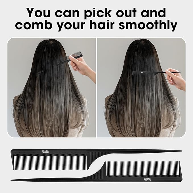 Rat Tail Comb 2Pcs Rat Combs for Women, Fine Tooth Parting Tip Carbon Fiber Root Teasing Anti Static Hair Comb, for Styling (2Pcs Black)