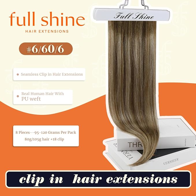 Full Shine Seamless Clip in Hair Extension with PU Weft Brown Balayage Chestnut Brown Ombre Platinum Blonde Short Hair Extensions Clip in Extensions for Women 12 Inch 8 Pcs 95 Grams