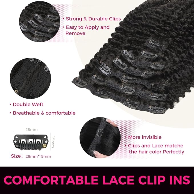 Lashey Clip in Hair Extensions Real Human Hair 120g 7pcs 22 Inch Kinky Curly Clip in Hair Extensions Natural Black Soft Natural Hair for Women