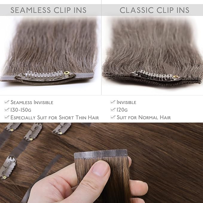 WENNALIFE Seamless Clip In Hair Extensions, 14 Inch 130g 7pcs Chocolate Brown Hair Extensions Clip in Human Hair Invisible PU Skin Weft Natural Remy Human Hair Extensions