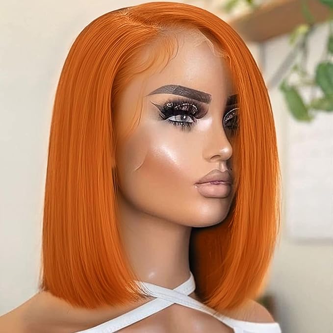 250% Density Ginger Bob Lace Front Wig Human Hair 13x4 Orange HD Lace Closure Human Hair Wig Pre Plucked with Baby Hair Short Ginger Straight Bob Colored Wig for Women 16 Inch