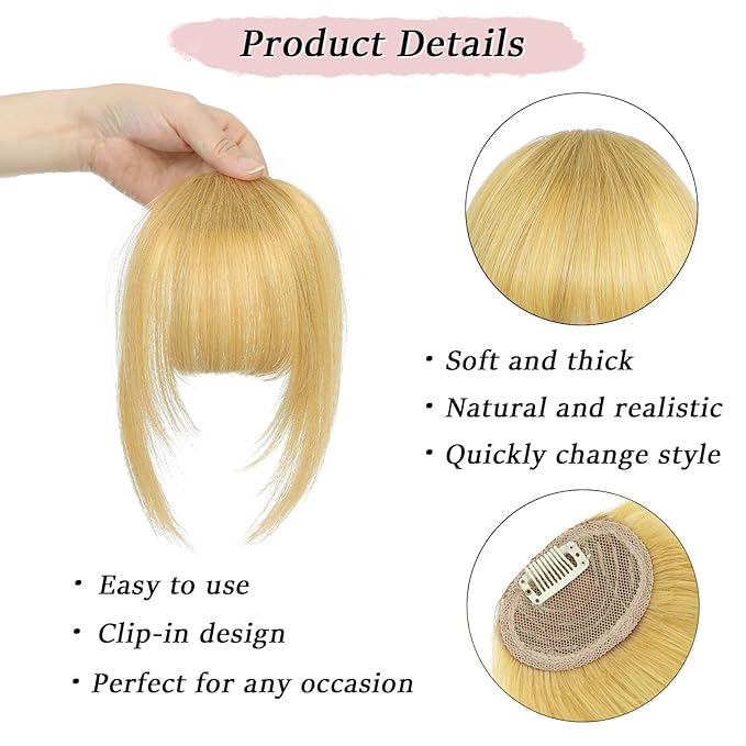 Clip in Bangs Real Human Hair Light Blonde French Bangs Fringe with Temples Thick Curtain Bangs Clip on Bangs Curved Fake Bangs Hairpieces for Women for Daily Wear