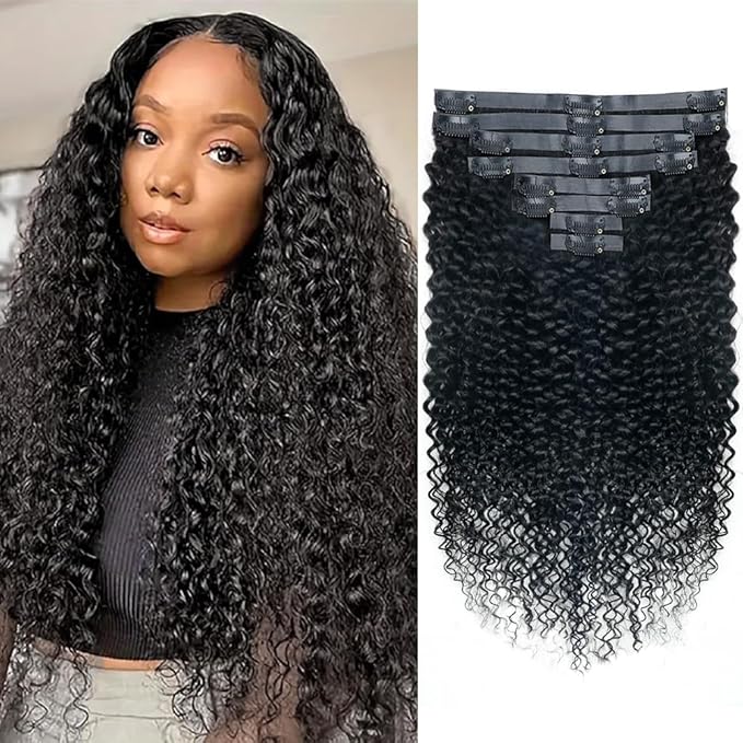 Seamless 3C 4A Kinky Curly Clip In Extension PU Weft Curly Clip in Extension Human Hair Clip Ins Full Head for Black Women Brazilian Remy Human Hair Natural Color 8Pcs with18clips 120g/Set (24 inch)